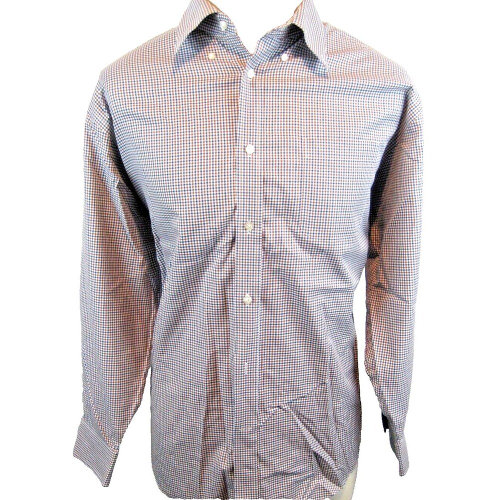 Mens Lands Checked EZ Care LS Cotton Twill Dress Shirt sz 17.5x33